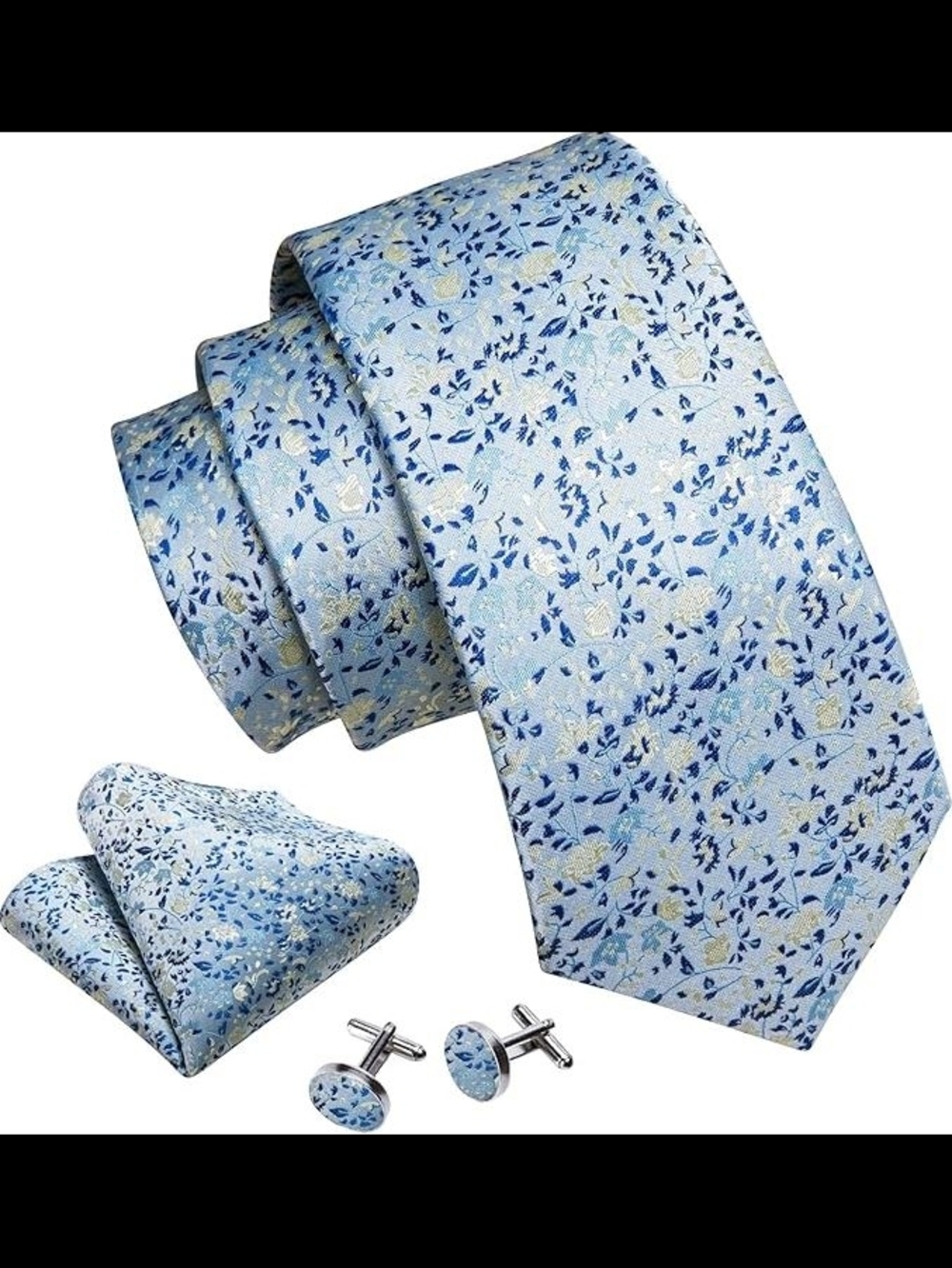 Men’s Light Blue Floral Tie Set w/ Pocket Square & Cufflinks – Wedding Style